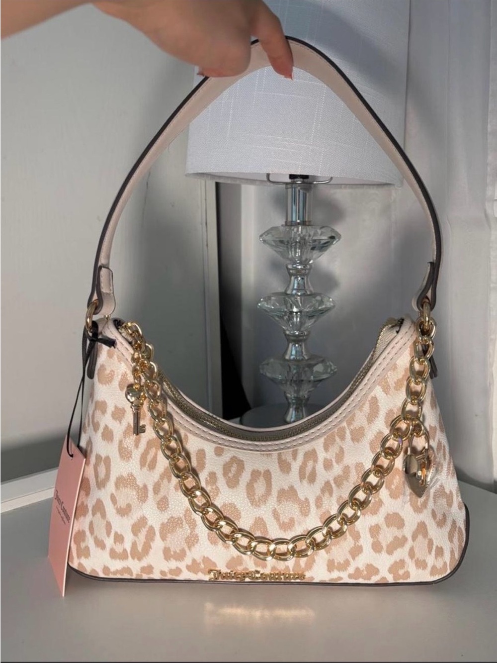 Juicy couture Cream Leopard-Print Shoulder Bag with Gold Chain Detail